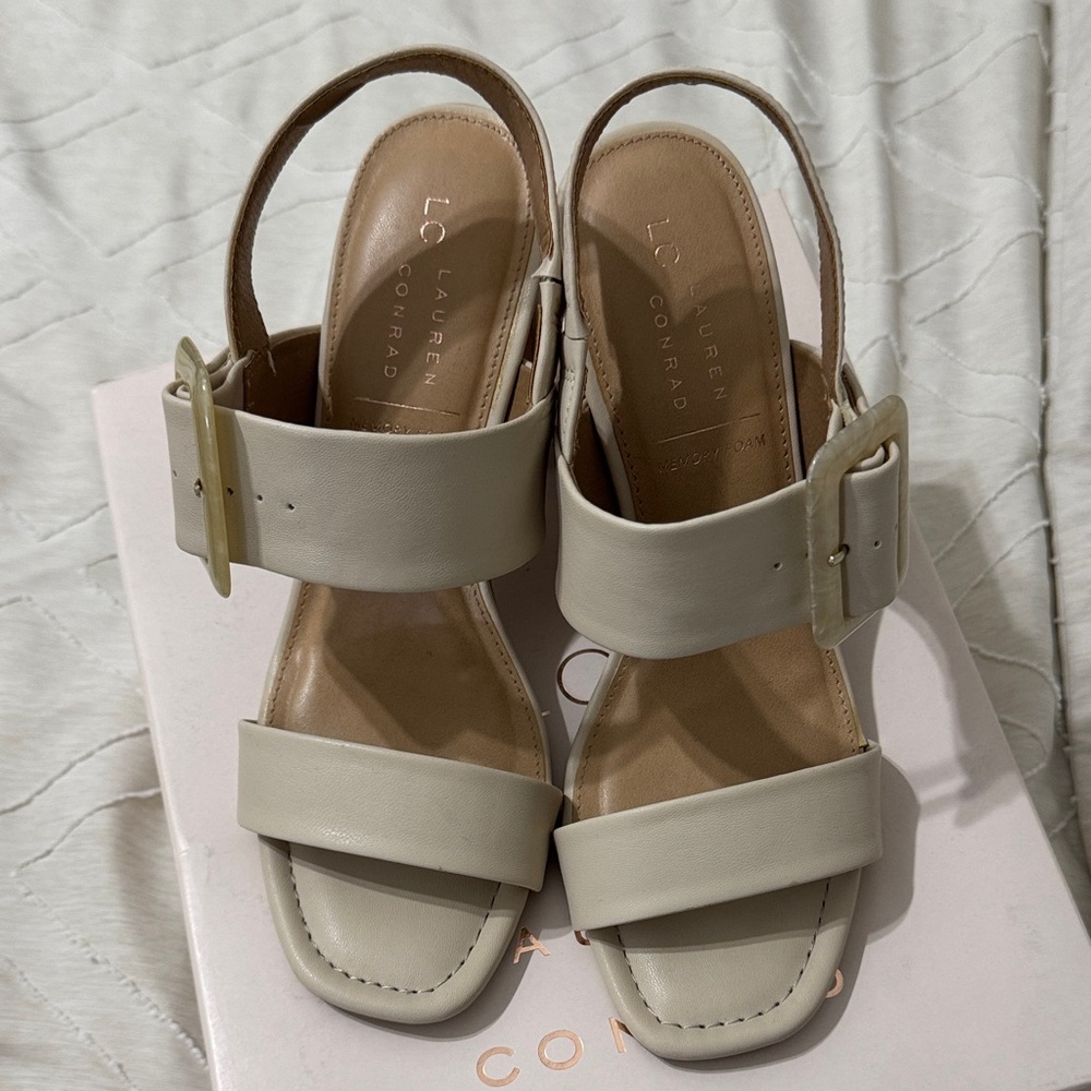 LC Lauren Conrad Ivory Slingback Block Heel Sandals